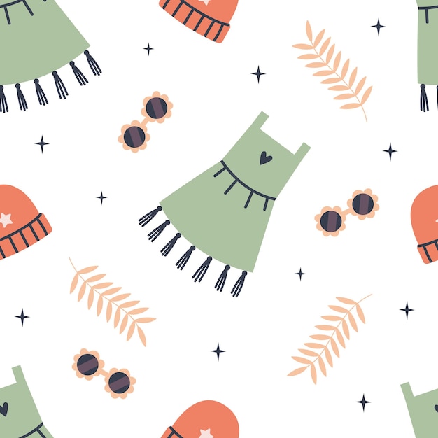 Vector seamless pattern with kids boho outfits and leaves Flat illustration