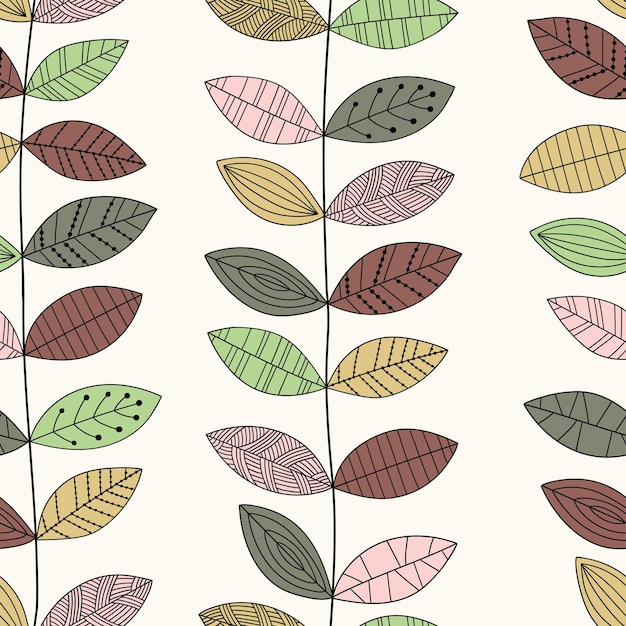 Vector seamless pattern with leaves and branches on beige background. Floral seamless pattern