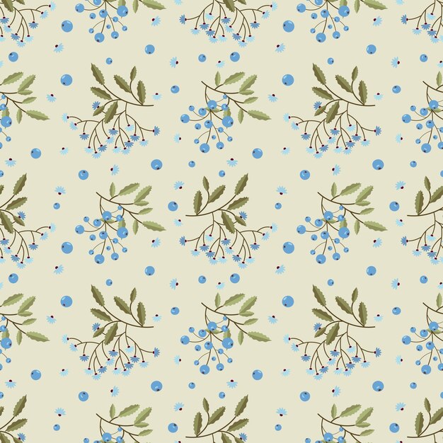 Vector seamless pattern with leaves flowers berries minimalistic graphic drawing design for wrapping paper textile paper background