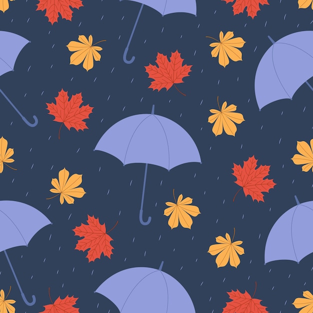 Vector seamless pattern with leaves maple and umbrella Flat vector illustration