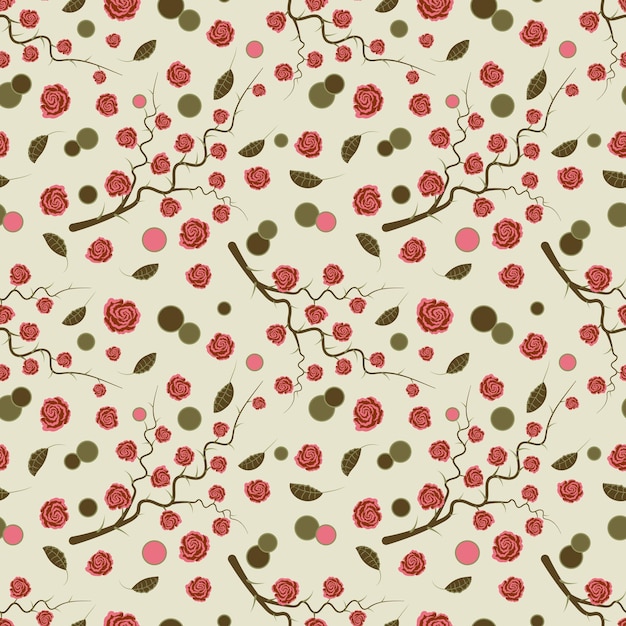 Vector seamless pattern with leaves rose flowers dots Minimalistic graphic drawing Design for wrapping paper textile paper background