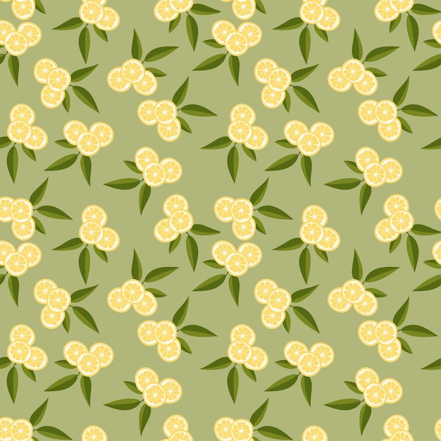 Бесшовный узор вектор с лимонами и листьями на зеленом фоне