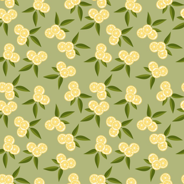 Vector seamless pattern with lemons and leaves on a green background