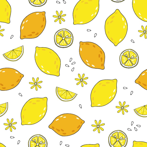 白い背景の上のレモンと種子のシームレスなパターンをベクトルします。