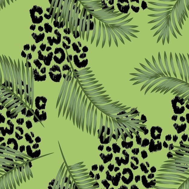 ヒョウのテクスチャーとヤシのエキゾチックな葉を持つベクターのシームレスなパターン