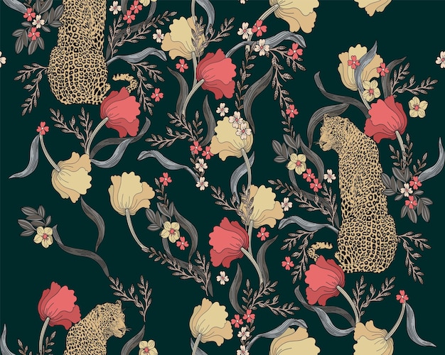 Vector seamless pattern with leopards and flowers