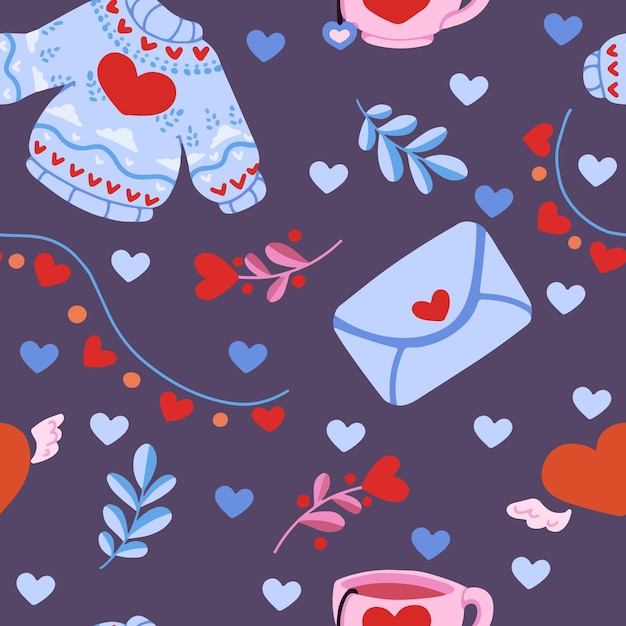 발렌타인 데이를 위한 연애 편지, 스웨터, 식물, 차, 하트가 있는 벡터 매끄러운 패턴