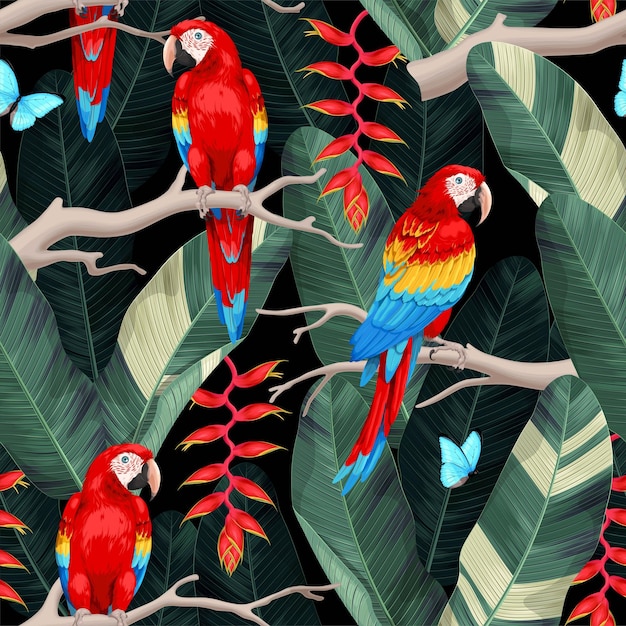vector seamless pattern with macaw parrots and tree branches on black background
