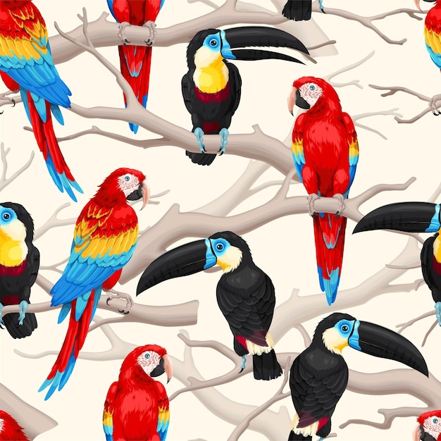 vector seamless pattern with macaw and toucan sitting on the tree