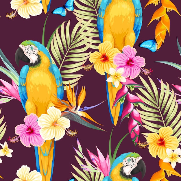 Vector seamless pattern with macaws and tropical flowers