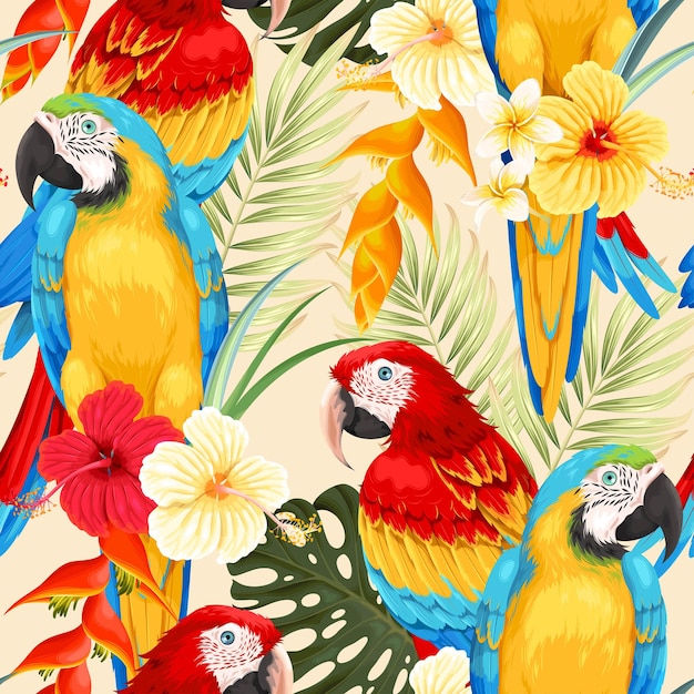 Vector seamless pattern with macaws and tropical flowers