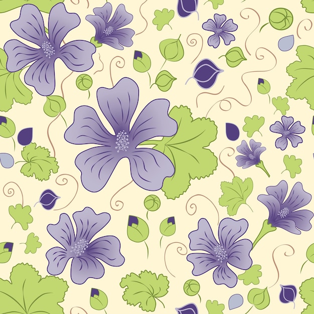 Векторный бесшовный рисунок с мальвовыми синими цветами и листьями, нарисованными вручную