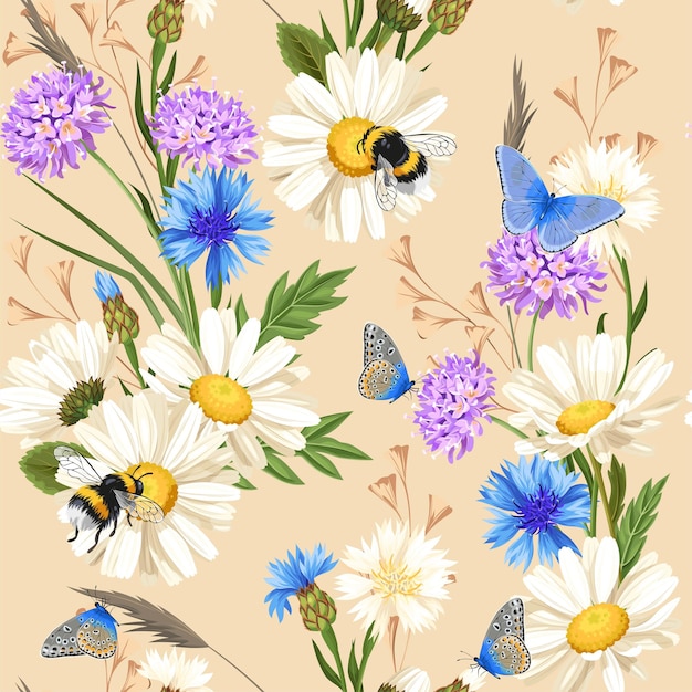 Vector vector seamless pattern with meadow flowers and insects