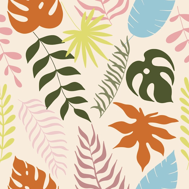 Vector seamless pattern with monstera and palm leaves