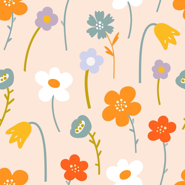 Vector seamless pattern with multi-colored abstract flowers on a light background.