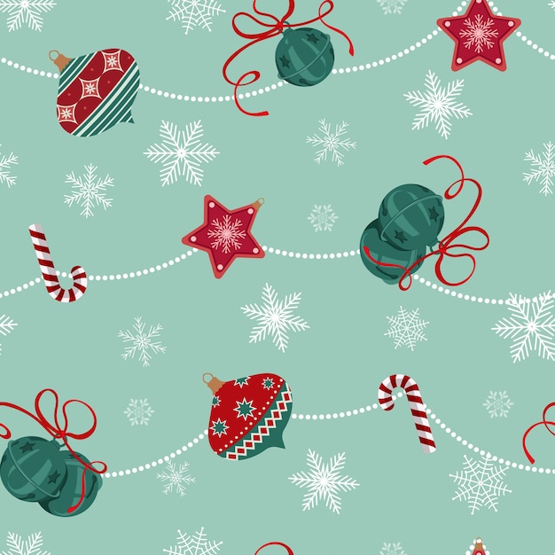 Vector seamless pattern with New Year and Christmas symbols Design element on a green background For decorating textiles packaging