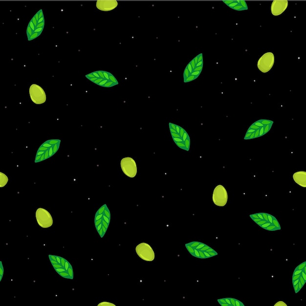 Vector seamless pattern with olives, basil and pepper seeds on black background. Mediterranean