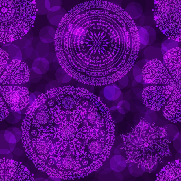 Vector seamless pattern with openwork circles on a dark purple background with bokeh