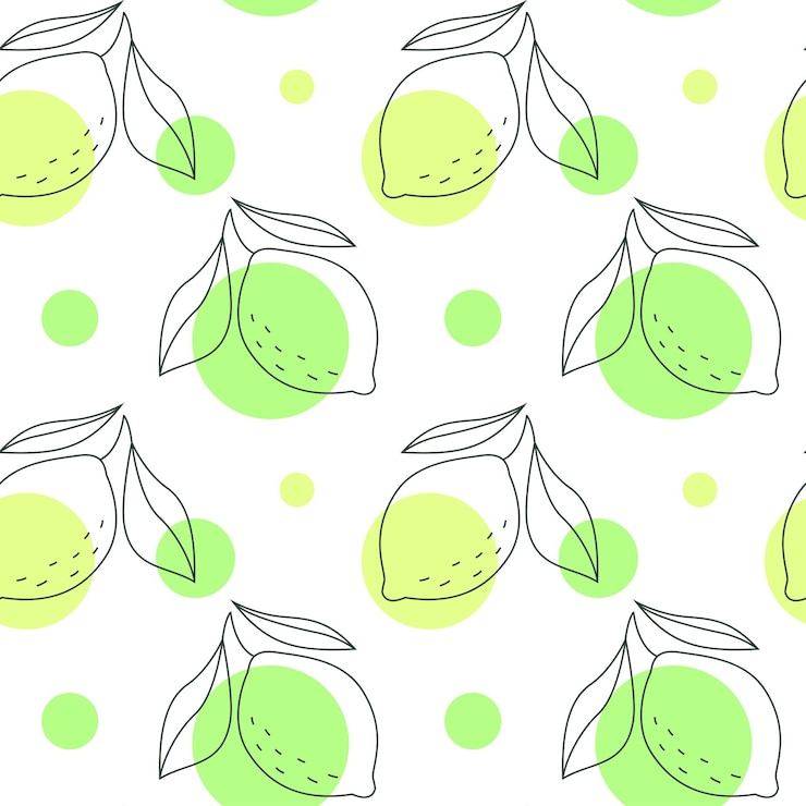 Vector vector seamless pattern with outline lemons and colored circles.