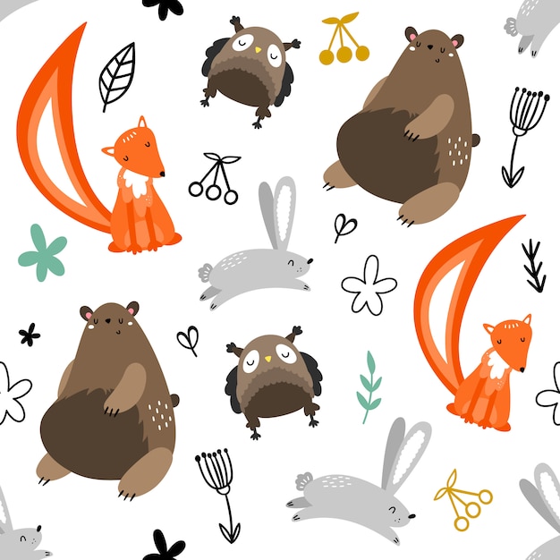 Vector seamless pattern with owls, bears, foxes, hares and plants. 