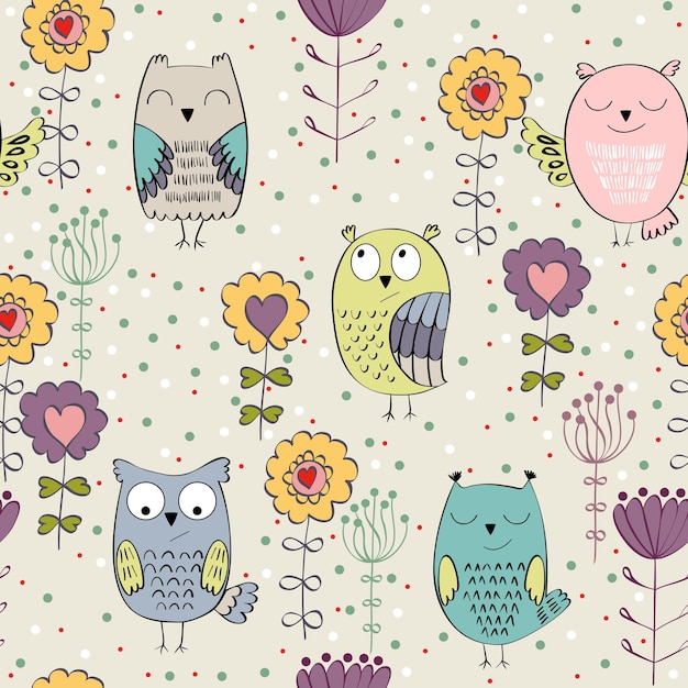 Vector seamless pattern with owls and flowers