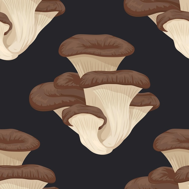 Vector Seamless Pattern with Oyster Mushroom on Black Seamless Texture Hand Drawn Cartoon Oyster Mushrooms Bush Design Template for Textile Wall Paper Pleurotus Ostreatus Mushroom Print