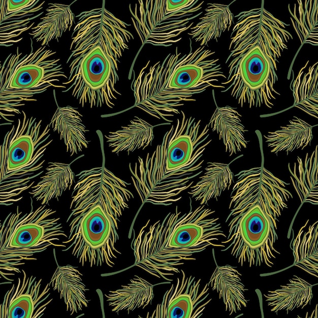 Vector vector seamless pattern with peacock feathers on black background.