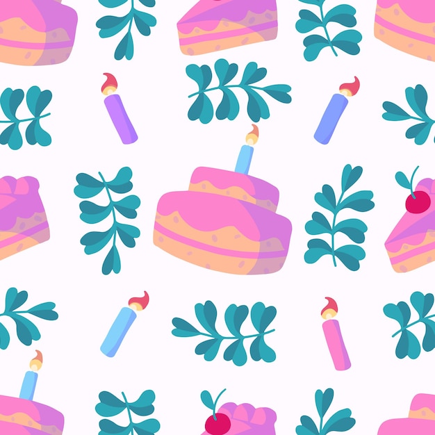 Vector seamless pattern with a piece of cake and birthday candles