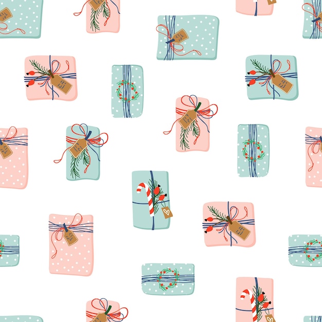 Vector vector seamless pattern with pink and blue beautiful gift boxes on white backdrop