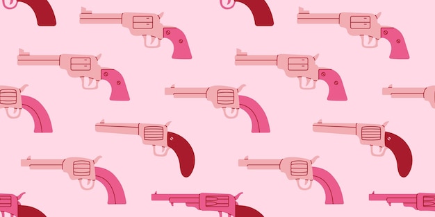 Vector seamless pattern with pink cowgirl western guns Wild west concept Y2k glamour background with different guns in pink colors