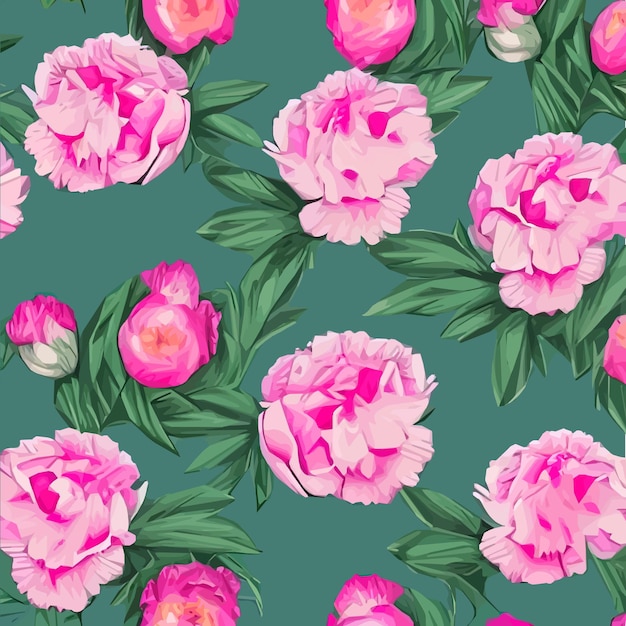 Vector seamless pattern with pink peonies and leaves on green background