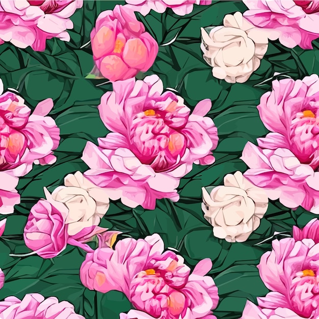 Vector seamless pattern with pink peonies and leaves on a green background