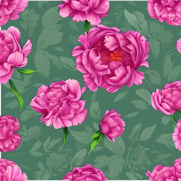 Vector seamless pattern with pink peonies and leaves on a green background