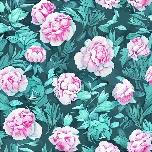 Vector seamless pattern with pink peonies and leaves on green background