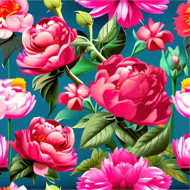 Vector seamless pattern with pink peonies and leaves on green background