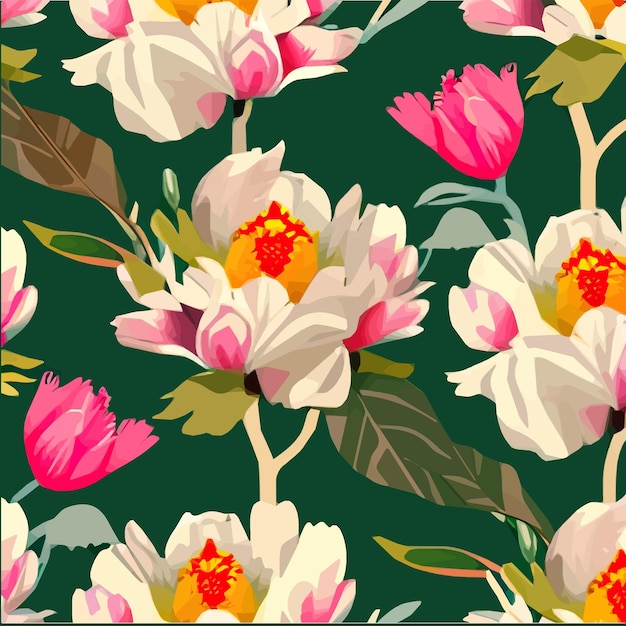 Vector seamless pattern with pink peonies and leaves on a green background