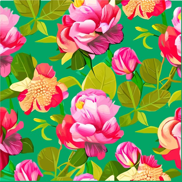 Vector seamless pattern with pink peonies and leaves on a green background