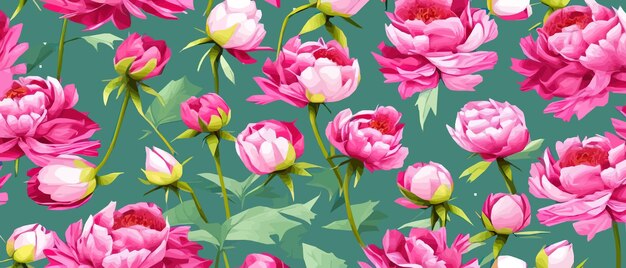 Vector seamless pattern with pink peonies and leaves on a green background