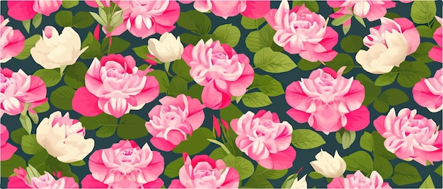 Vector seamless pattern with pink peonies and leaves on green background