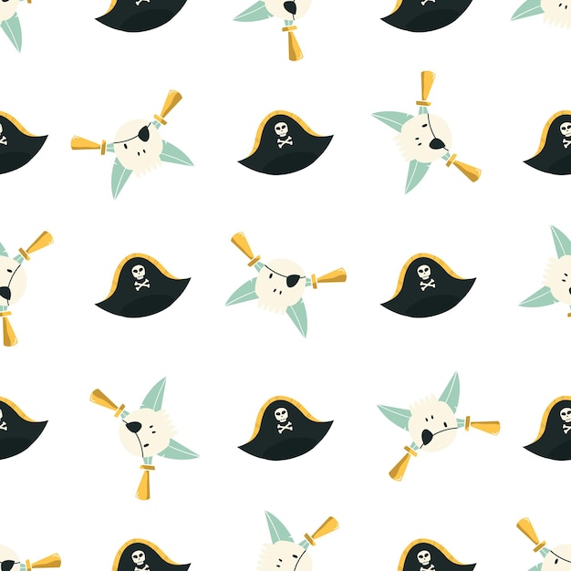 Vector seamless pattern with a pirates symbol skulls hats and swords