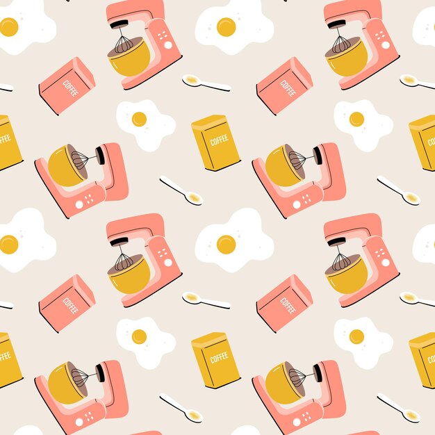 Vector seamless pattern with planetary mixer, eggs, can of coffee and spoon.  kitchen tools, utensils, kitchenware.  cartoon flat illustration for fabric, textile, wrapping paper, wallpaper