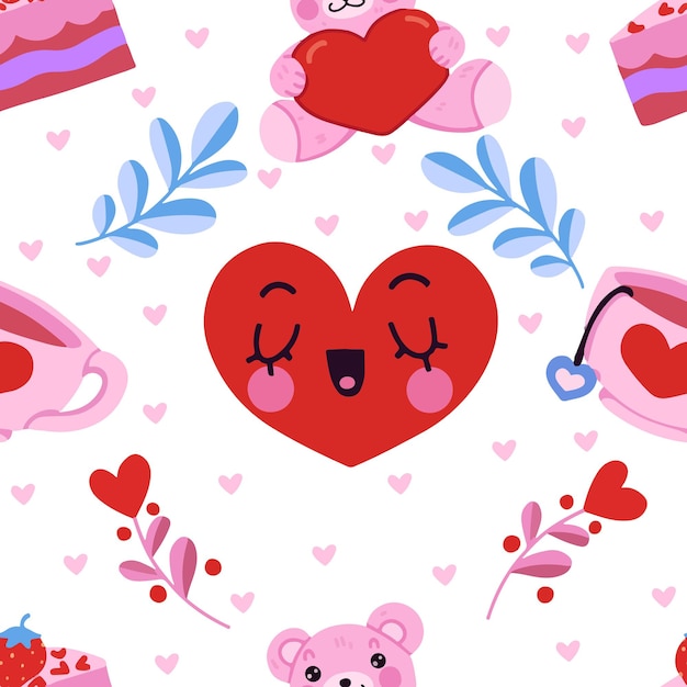 Vector vector seamless pattern with plants, hearts, tea, a piece of cake for valentine's day.