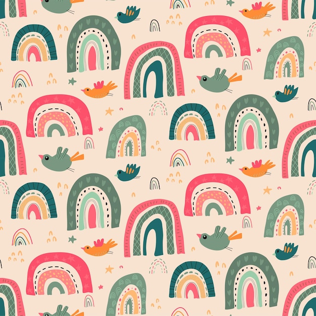 Vector seamless pattern with rainbow and flying birds childish texture for fabric textile apparel