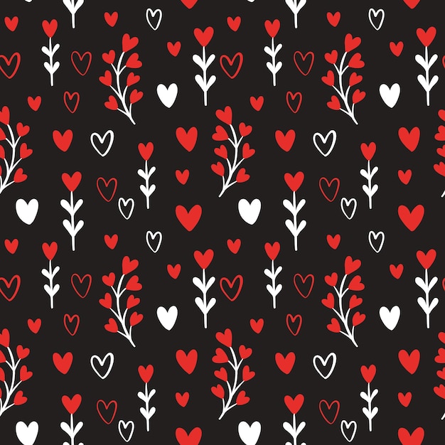빨간색과 검은색 하트가 있는 벡터 원활한 패턴 발렌타인 데이를 위한 자유형 낙서 그리기 다른 이미지 등을 위해 종이 패브릭 배경을 포장하는 데 사용할 수 있습니다.