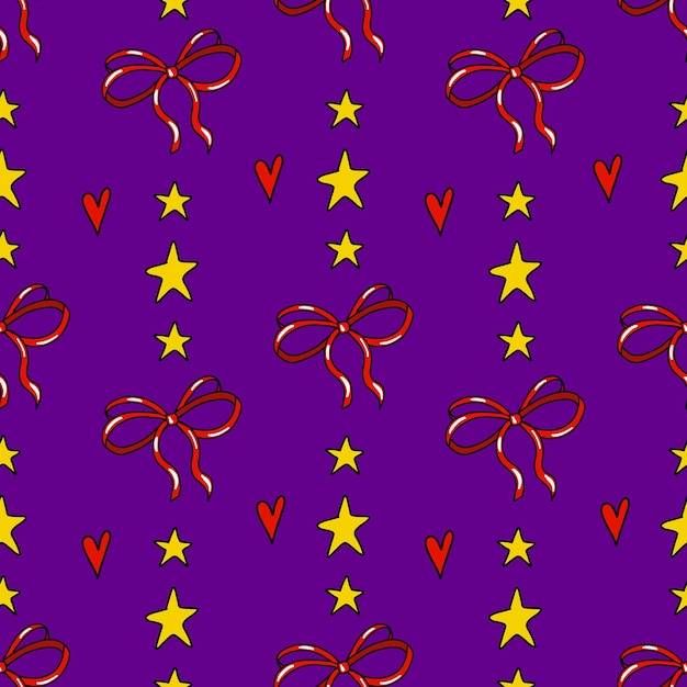 Vector seamless pattern with red bow stars and herts isolated on violet background