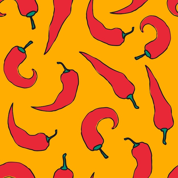 Vector seamless pattern with red chili peppers on yellow background