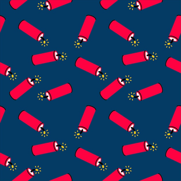 Vector seamless pattern with red explosive petard on blue background