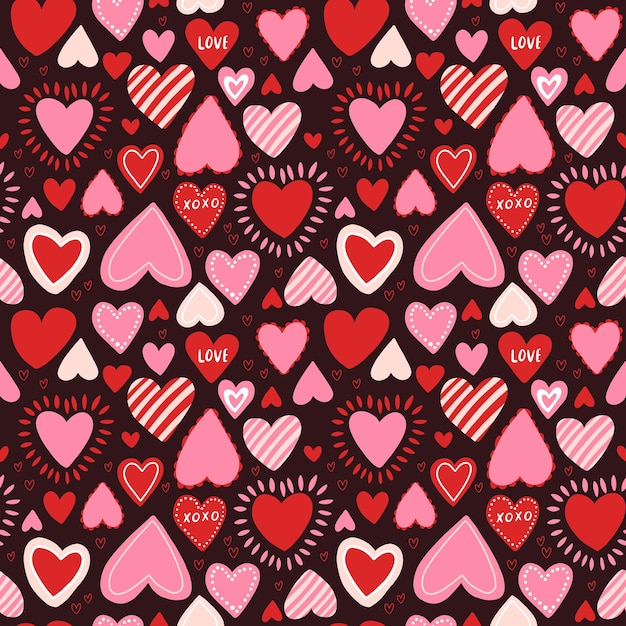 Vector seamless pattern with red and pink hearts Freehand doodle drawing for valentines day Can be used on packaging paper fabric background for different images etc