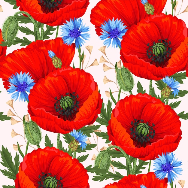 Vector seamless pattern with red poppies