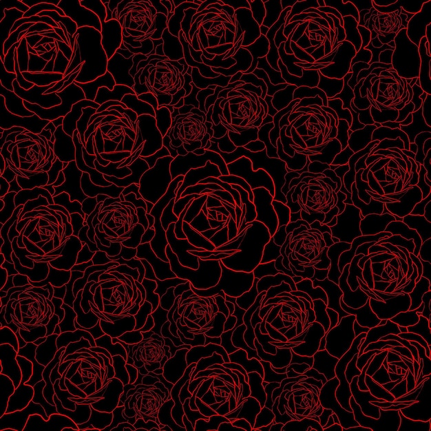 Vector seamless pattern with red rose flowers outline on the black background Floral ornament